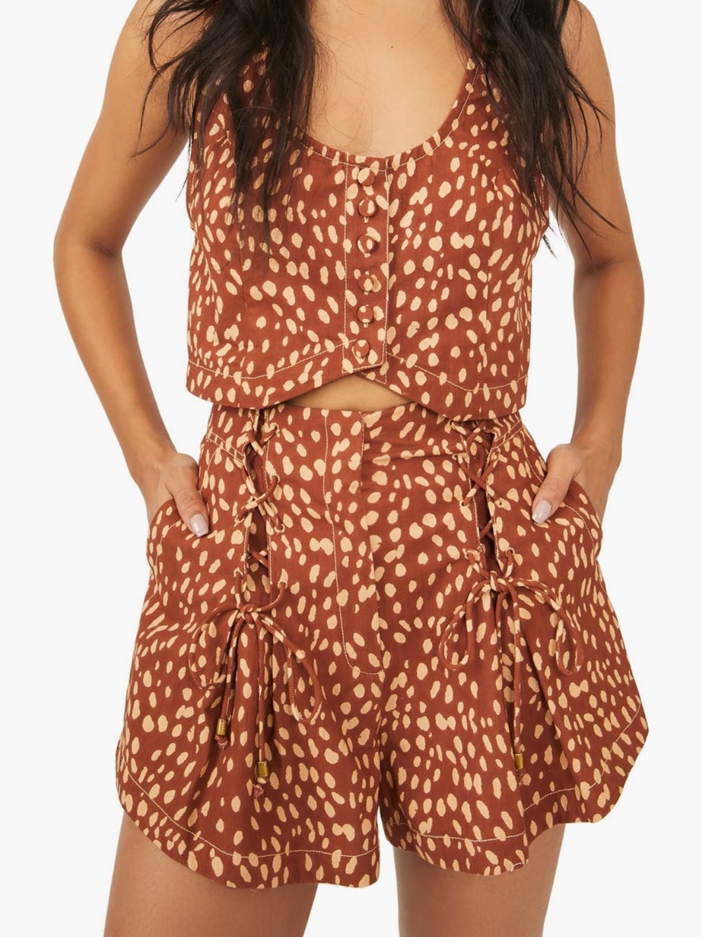 Free People Brown Cream Speckled Crop Top & Lace-Up Shorts